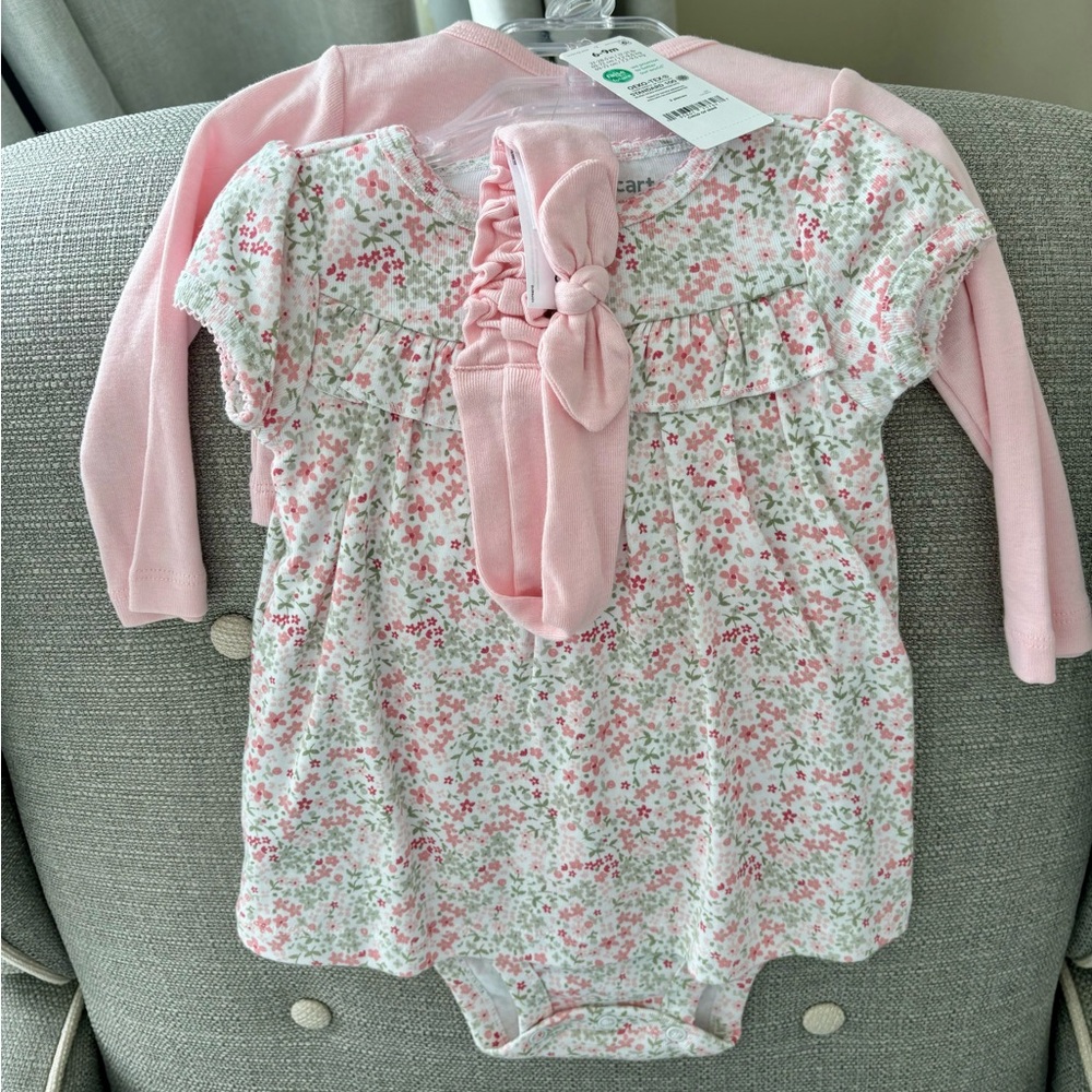 NWT Carter’s Child of Mine dress, cardigan, bow 6-9 mo.
